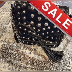 SR Squared Sondra Roberts Silver Studded Black Shiny Shoulder Bag with  Tassel